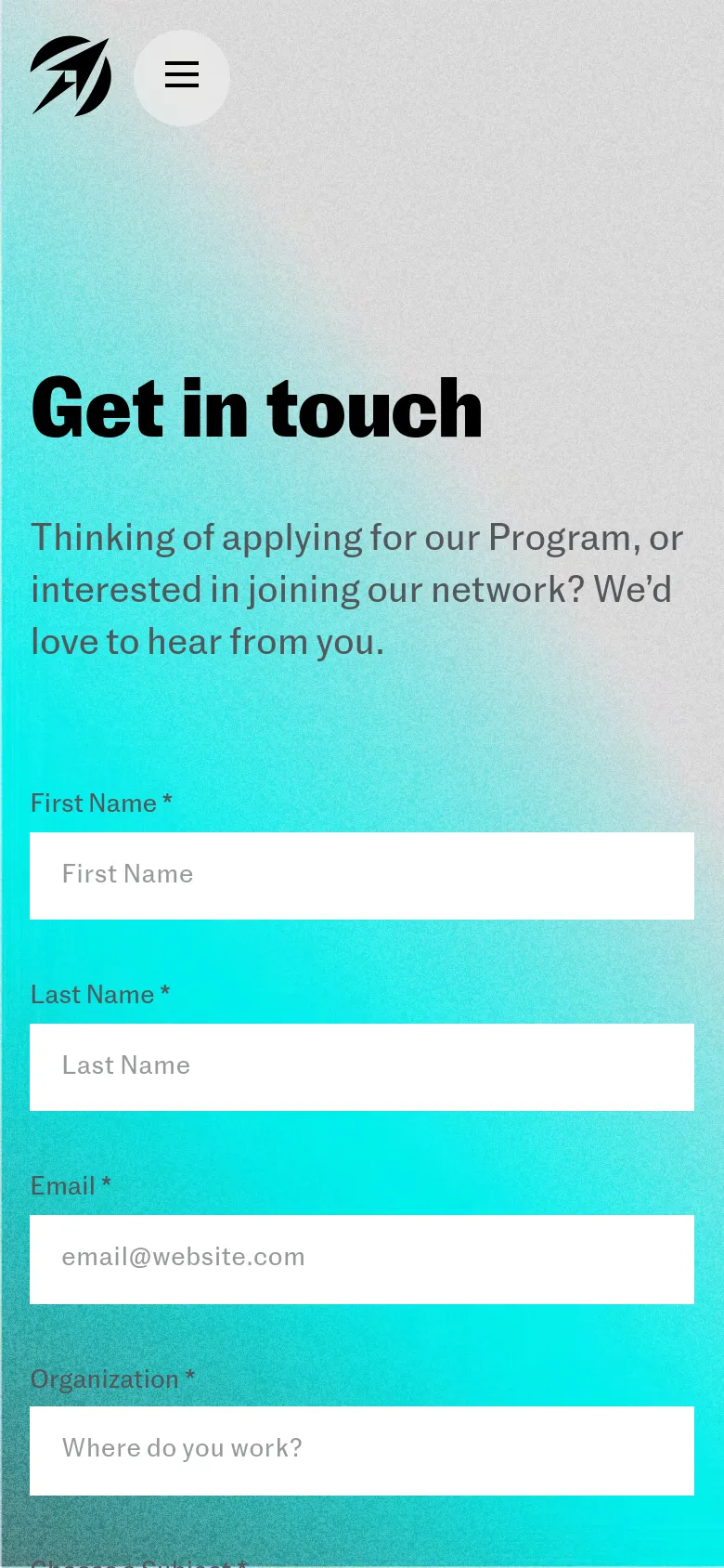 The mobile version simplifies the layout into a single vertical column, placing the 'Get in touch' headline and introductory text at the top. The contact form fields, including First Name, Last Name, Email, and Organization, follow below in a stacked format. The top navigation is replaced by a hamburger menu icon next to the SpaceFounders logo.