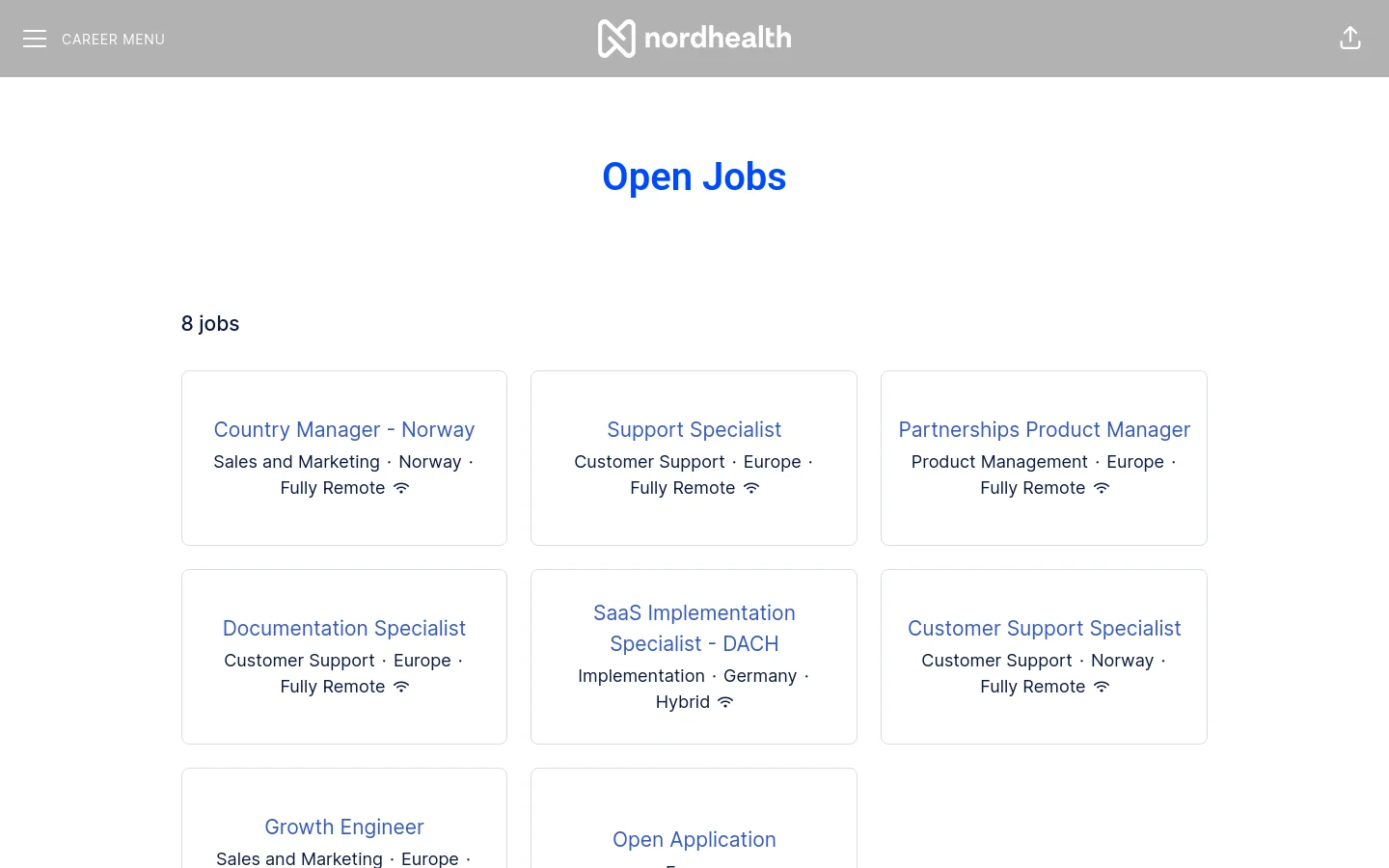 The desktop page features a clean, white background with a gray header containing the Nordhealth logo and a career menu. The main content displays a large blue headline 'Open Jobs' followed by '8 jobs' and a grid of white cards, each listing a job title, department, location, and remote status.