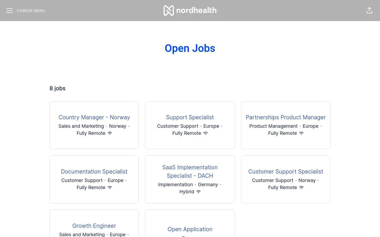 The desktop page features a clean, white background with a gray header containing the Nordhealth logo and a career menu. The main content displays a large blue headline 'Open Jobs' followed by '8 jobs' and a grid of white cards, each listing a job title, department, location, and remote status.
