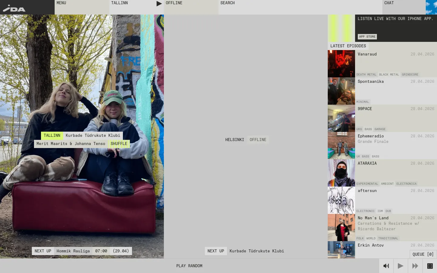 The desktop homepage for IDA radio features a minimalist design with a large hero image of two women sitting outdoors. A navigation bar at the top includes links for menu, search, and chat, while a sidebar on the right displays 'Latest Episodes' with thumbnail images and genre tags. The layout uses a neutral color palette with bright lime green accents for active status indicators and buttons.