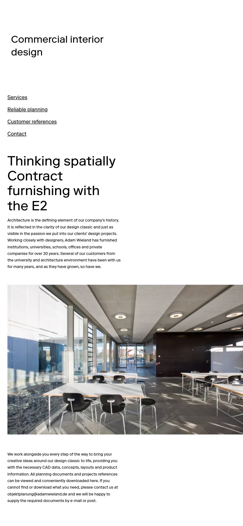 The mobile version uses a single-column layout with the 'Commercial interior design' title at the top. The navigation links are stacked vertically above the main headline and body text, followed by the large interior design photograph which spans the width of the screen.