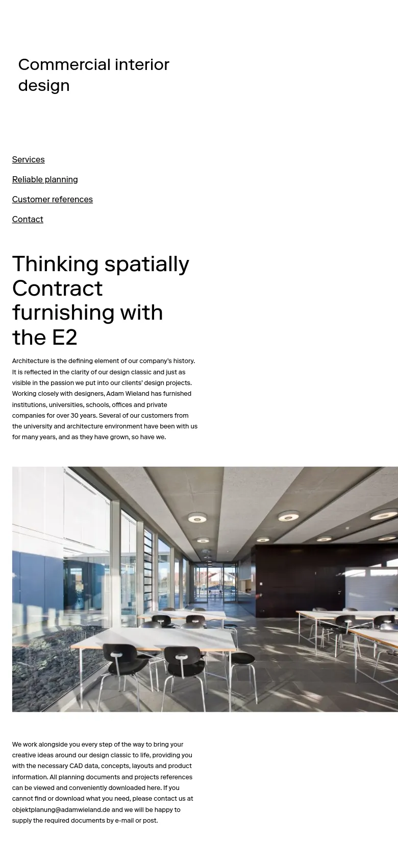 The mobile version uses a single-column layout with the 'Commercial interior design' title at the top. The navigation links are stacked vertically above the main headline and body text, followed by the large interior design photograph which spans the width of the screen.