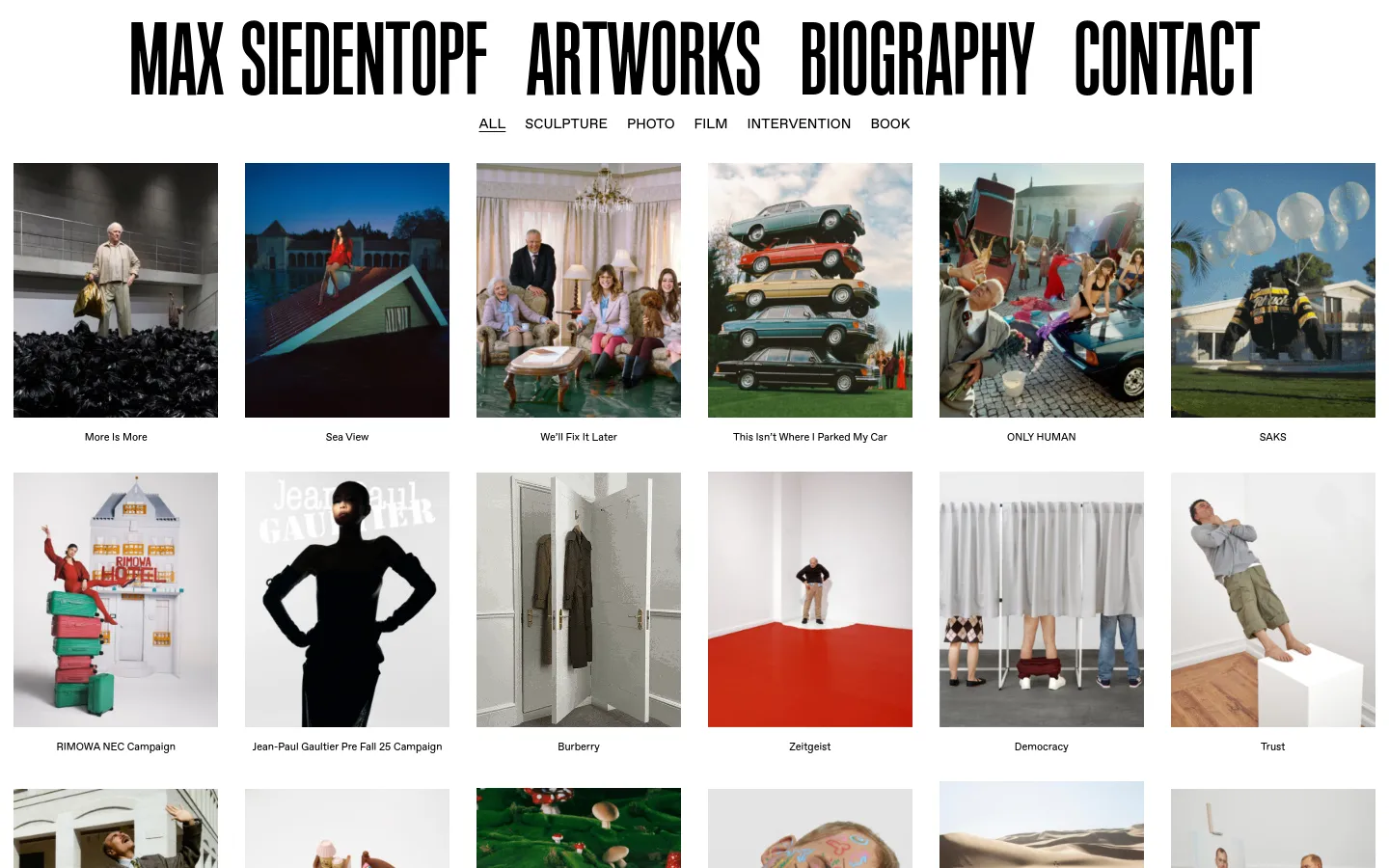 The desktop website for Max Siedentopf features a minimalist white background with large, black, condensed typography for the header and navigation. A grid of colorful project images is displayed below a category menu containing links like 'SCULPTURE' and 'PHOTO'. Each image is accompanied by a small text caption underneath.