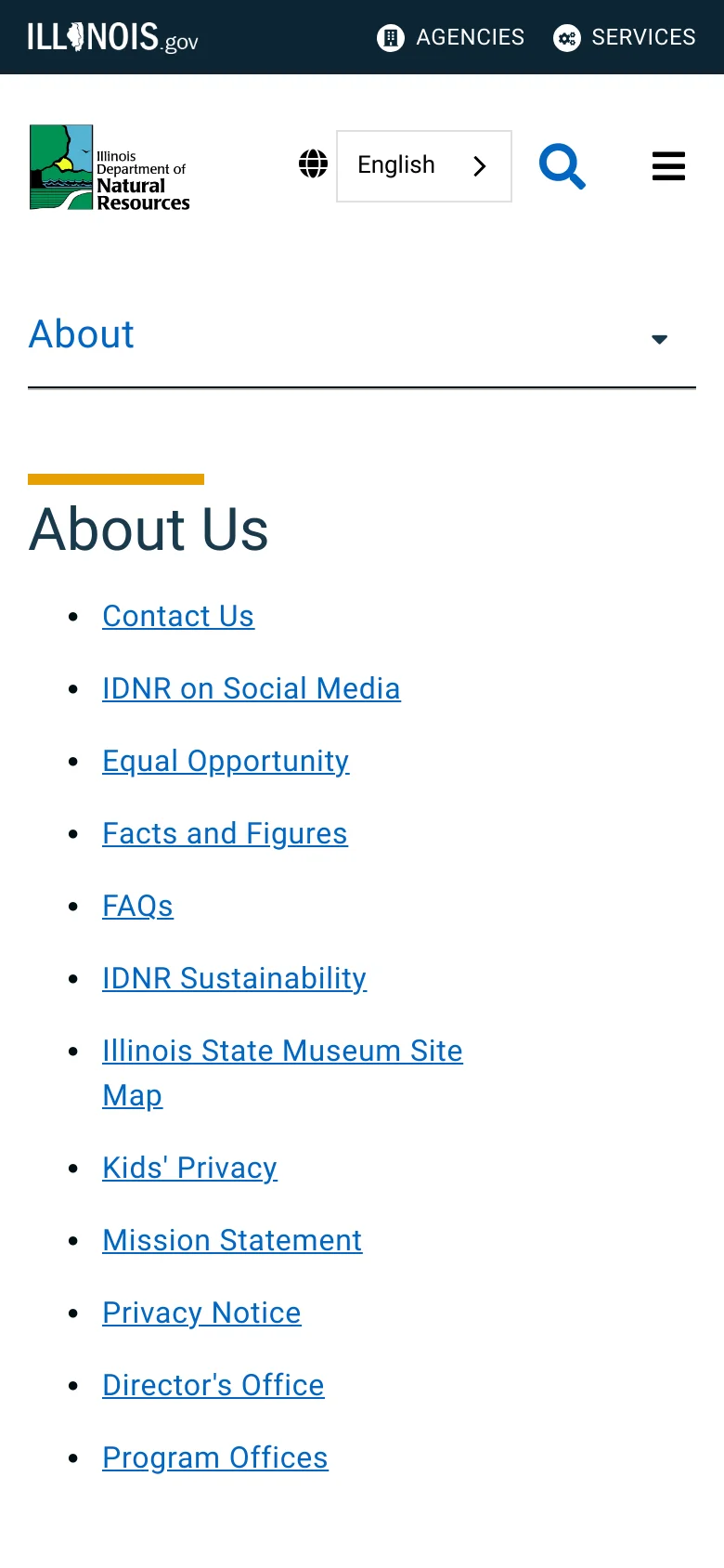 The mobile version simplifies the layout into a single vertical column with a white background. The navigation is condensed into a hamburger menu icon and a search icon at the top, while the main content consists of the 'About Us' heading and a long list of blue text links spanning the width of the screen.
