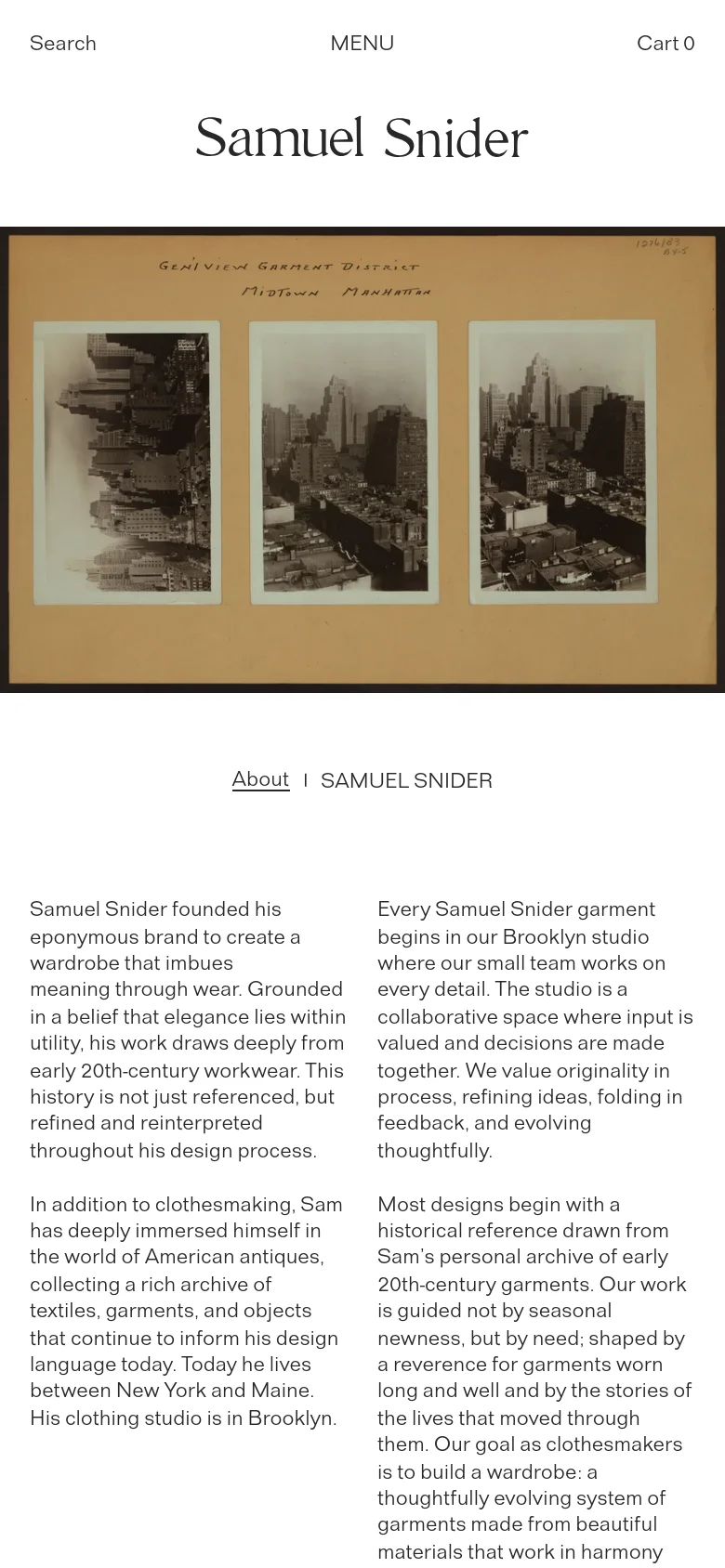 The mobile version simplifies the layout, centering the 'Samuel Snider' logo at the top with a 'Search' link on the left and 'Menu' and 'Cart' links on the right. The sepia-toned vintage photograph hero image spans the width of the screen, followed by the brand name and several paragraphs of descriptive text stacked vertically.