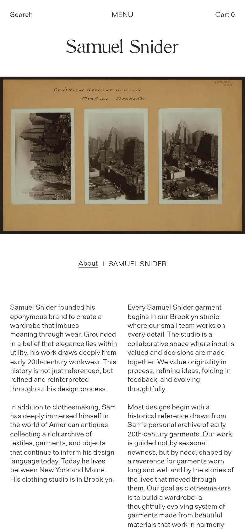 The mobile version simplifies the layout, centering the 'Samuel Snider' logo at the top with a 'Search' link on the left and 'Menu' and 'Cart' links on the right. The sepia-toned vintage photograph hero image spans the width of the screen, followed by the brand name and several paragraphs of descriptive text stacked vertically.