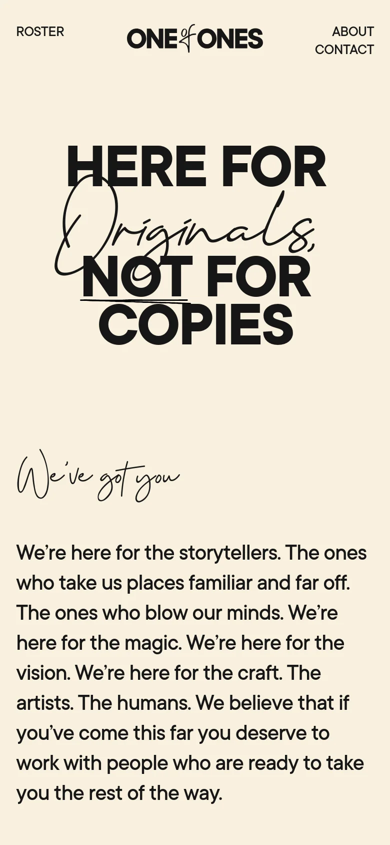 The mobile version maintains the cream and black color scheme but stacks the content vertically for readability. The large, stylized headline appears at the top, followed by the mission statement text, and the team section follows below in a single-column layout.