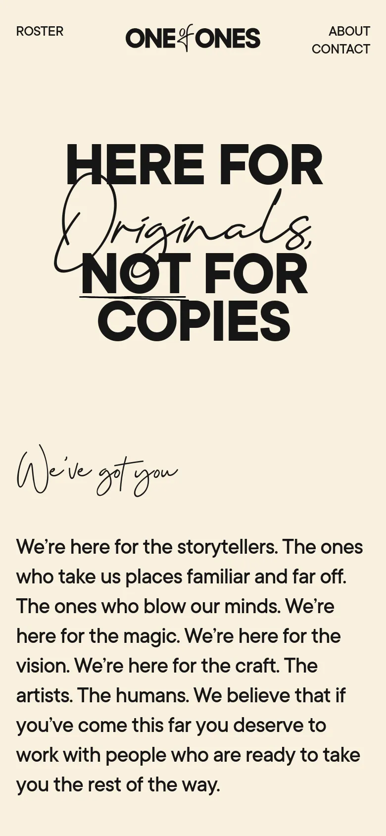 The mobile version maintains the cream and black color scheme but stacks the content vertically for readability. The large, stylized headline appears at the top, followed by the mission statement text, and the team section follows below in a single-column layout.