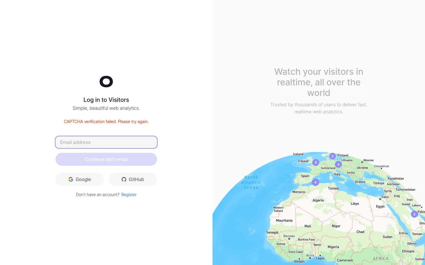 The desktop login page features a clean, minimalist design with a white background. On the left, a login form includes an email input field, a light purple 'Continue with email' button, and social login buttons for Google and GitHub, accompanied by a red CAPTCHA error message. The right side displays a large, colorful world map graphic with the headline 'Watch your visitors in realtime, all over the world'.