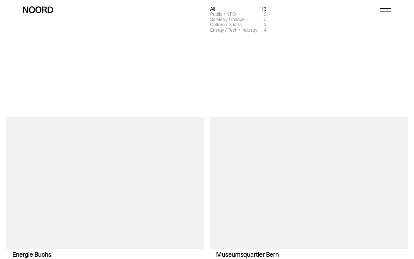 The Projects page features a minimalist white layout with the Noord logo on the top left and a navigation menu on the right. A filter list at the top categorizes projects into All, Public / NPO, Service / Finance, Culture / Sports, and Energy / Tech / Industry. Below the filters, a grid of large project tiles displays project names and short taglines, such as 'Energie Buchsi' and 'Museumsquartier Bern'.