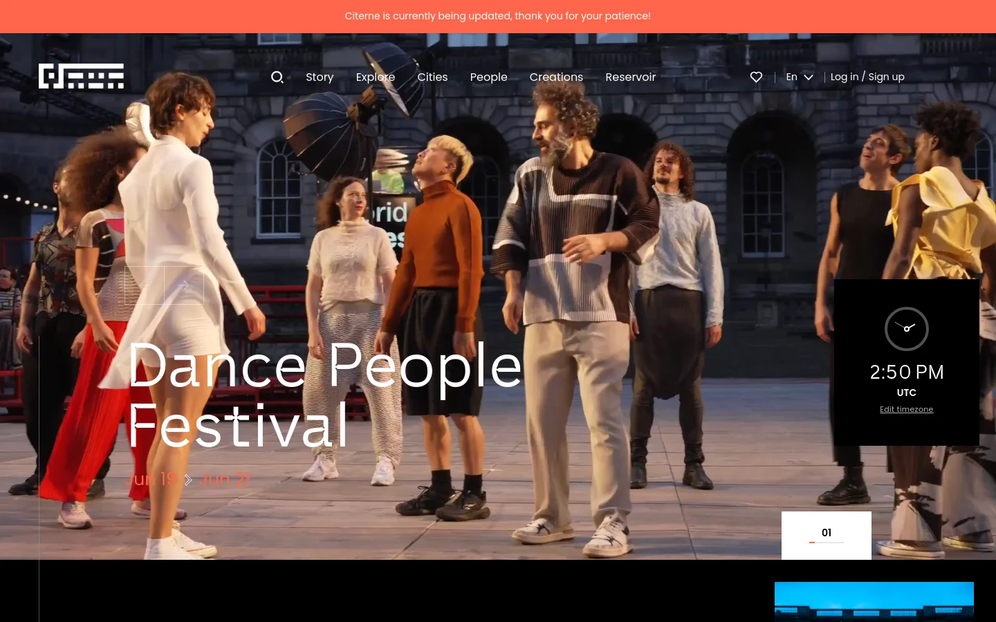 The desktop homepage features a large hero image of a diverse group of people in stylish clothing standing in front of a stone building. A large white headline reads 'Dance People Festival' over the image, with a navigation menu at the top containing links like Story, Explore, and Cities. An orange banner at the very top notifies users that the site is being updated.