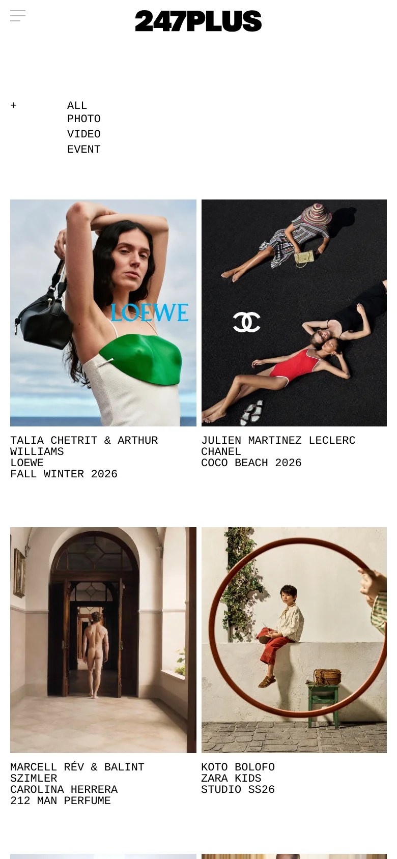 The mobile version simplifies the layout into a single-column vertical scroll. The top navigation is replaced by a hamburger menu icon next to the 247PLUS logo, and the project filters are stacked vertically. The project grid displays large, full-width images with descriptive text underneath each, optimized for vertical scrolling on a smaller screen.