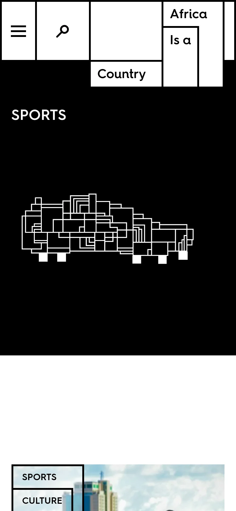 The mobile version maintains the black background and white geometric graphic but shifts to a single-column vertical stack. The navigation menu is condensed into a hamburger icon, and the article cards are stacked vertically to fit the narrower screen width.