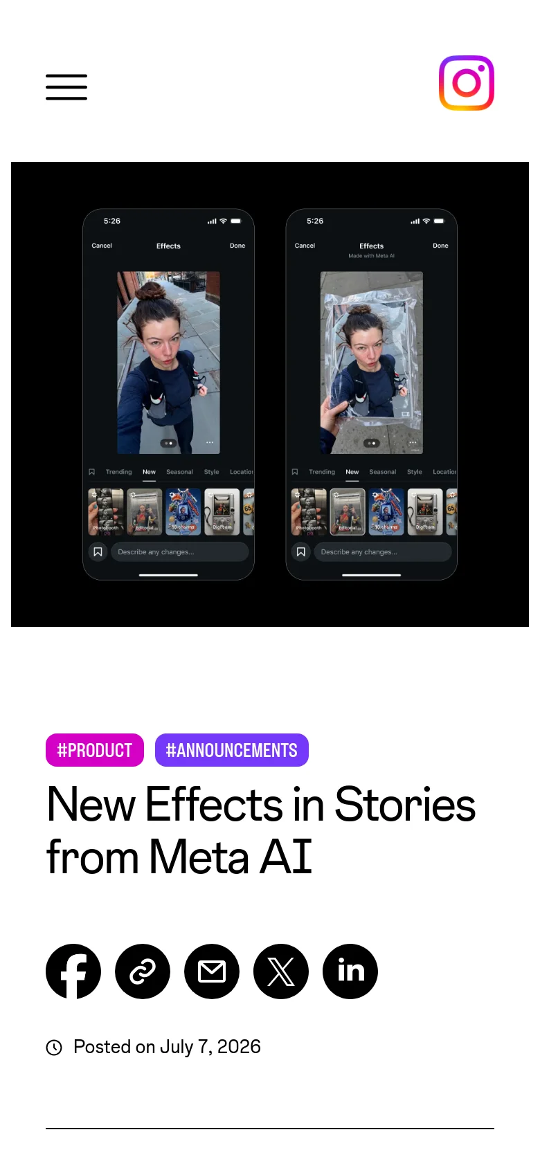The mobile version presents a vertically stacked layout where the headline and social icons appear above the smartphone mockups. The navigation menu and Instagram logo remain at the top, but the content is scaled down to fit a narrow screen, prioritizing the text and the visual demonstration of the new AI effects.