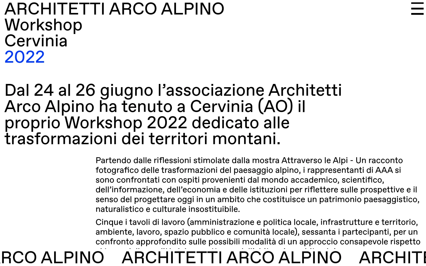 The desktop page features a minimalist white background with black text and a blue year heading. The layout consists of a top navigation menu, a large title 'Workshop Cervinia 2022', and a main body of text describing the event held from June 24 to 26. The design is clean and typographic-focused with significant white space.