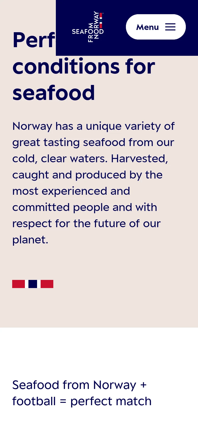 The mobile version presents a vertically stacked layout on a light beige background. The dark blue header is condensed, featuring the logo and a prominent white 'Menu' button, while the large headline and descriptive text occupy the center of the screen.