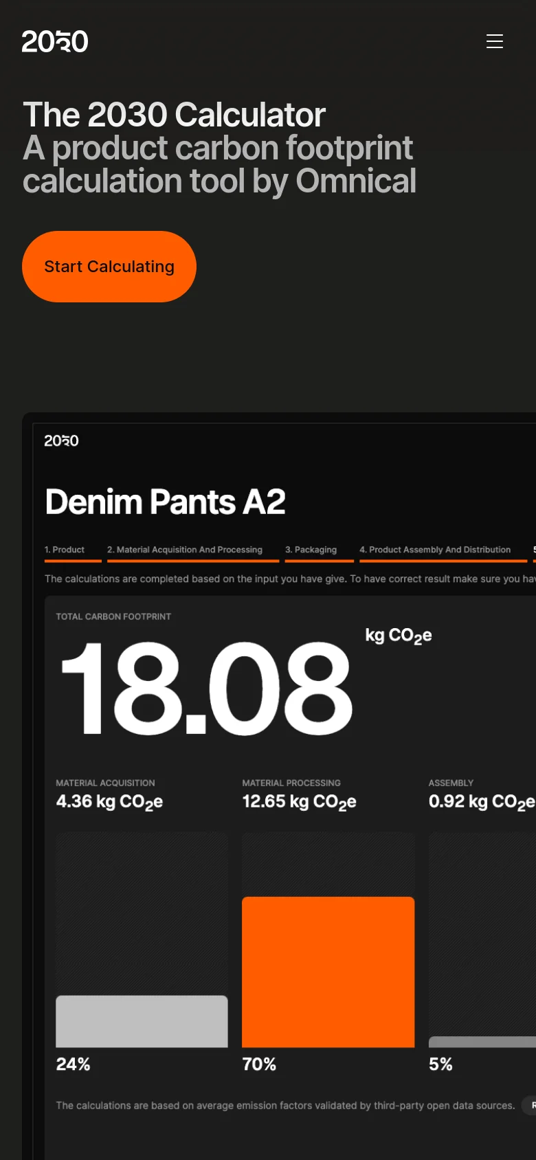 The mobile version maintains the dark aesthetic and large white typography, stacking the hero headline and orange 'Start Calculating' button vertically. The calculation dashboard below is condensed, showing the total carbon footprint of 18.08 kg CO2e followed by a simplified breakdown of emission categories and percentage bars.