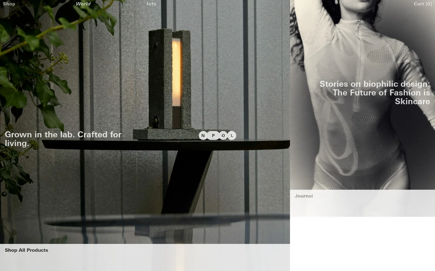 The desktop homepage features a minimalist layout with large, high-quality imagery and a neutral color palette. A hero section shows a bio-based lamp with the headline 'Grown in the lab. Crafted for living.' and a 'Shop All Products' call to action, followed by a split-screen section featuring a journal entry and a link to NPOL Originals. Navigation links for Shop, World, and Info are spread across the top of the page.