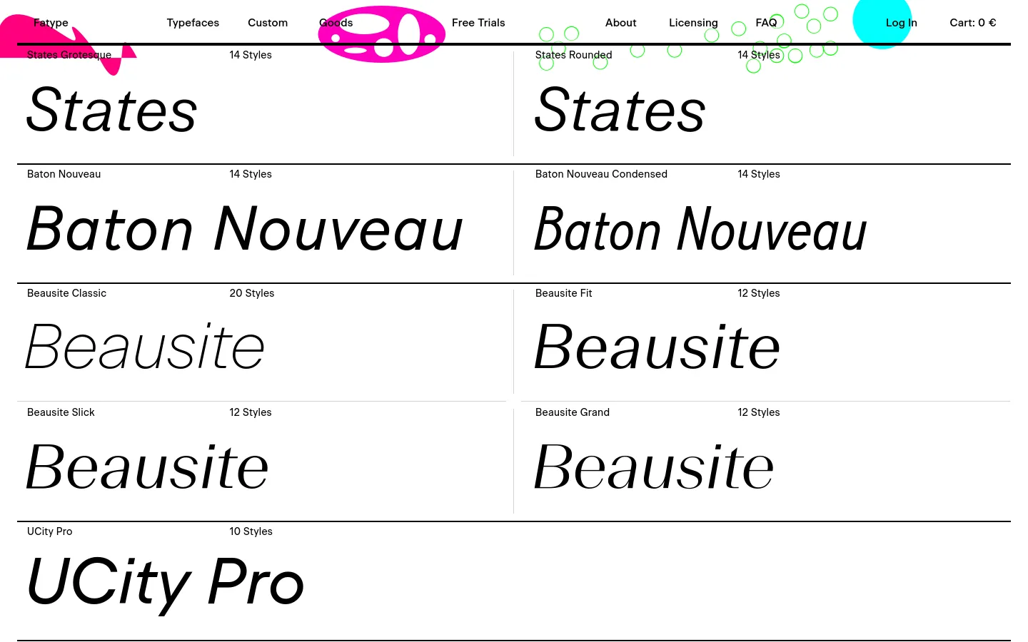 The desktop website features a clean, minimalist grid layout on a white background showcasing various typefaces. Each typeface entry includes the font name, number of styles, and a large specimen preview in black text. The navigation bar at the top includes links for Typefaces, Custom Goods, Free Trials, and a shopping cart.