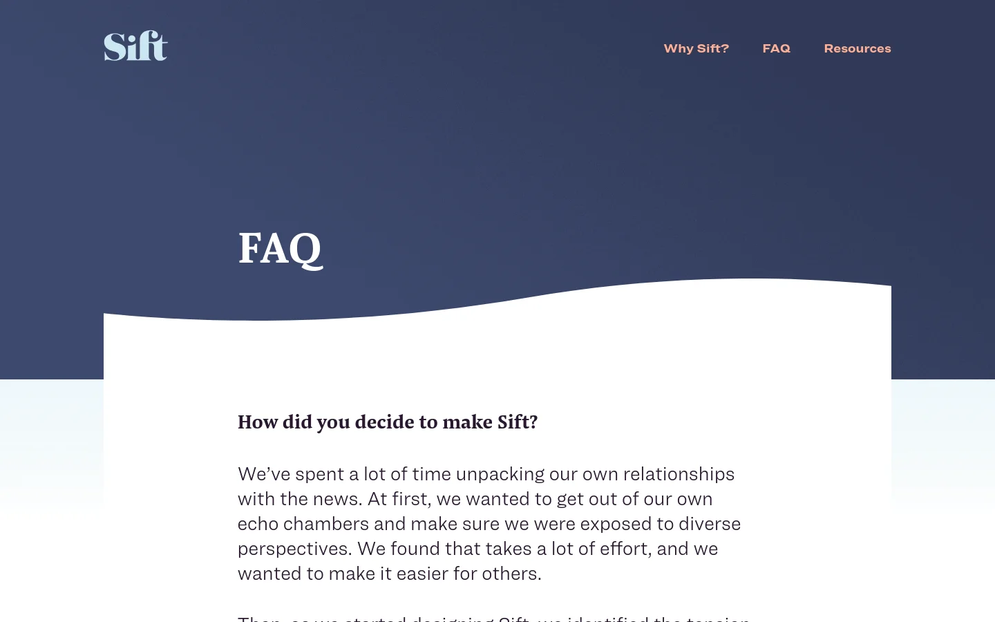 The desktop FAQ page features a dark slate blue header with the Sift logo on the left and navigation links on the right. A large white 'FAQ' headline sits against the blue background, transitioning into a white content area below where questions and answers are presented in dark text.