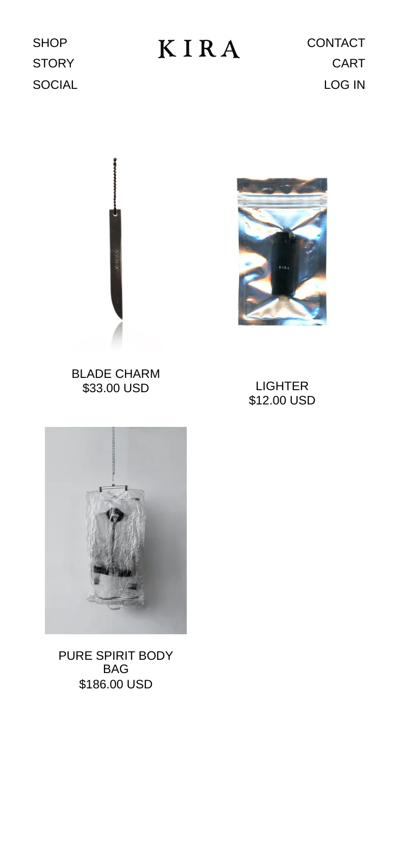 The mobile version maintains the minimalist white aesthetic but uses a single-column vertical stack for product listings. Each product image is followed by its title and price, such as the Blade Charm for $33.00 USD, ensuring easy scrolling on smaller screens.