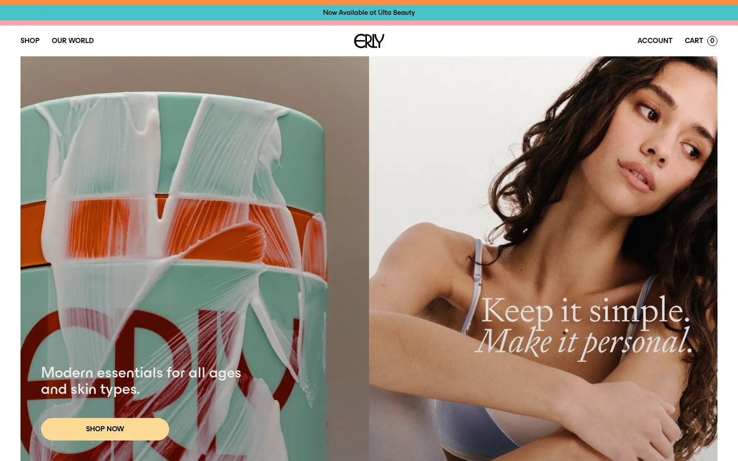 The desktop homepage features a split hero image: a close-up of white skincare cream on a teal jar on the left, and a brunette model on the right. Centered over the image is the headline 'Modern essentials for all ages and skin types' with a tan 'Shop Now' button. The layout is clean with a white navigation bar at the top and a teal announcement bar above it.
