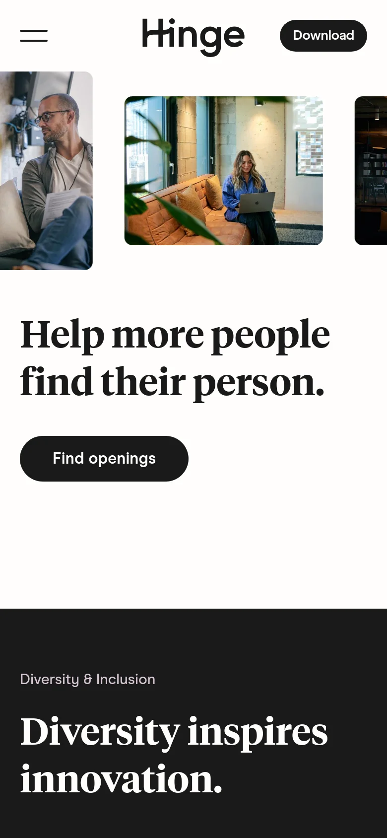 The mobile version presents a vertically stacked layout with a large hero image of an employee on a couch, followed by the headline 'Help more people find their person' and a 'Find openings' button. A hamburger menu and a 'Download' button are located at the top, and the design transitions to a dark section at the bottom with the text 'Diversity inspires innovation.'