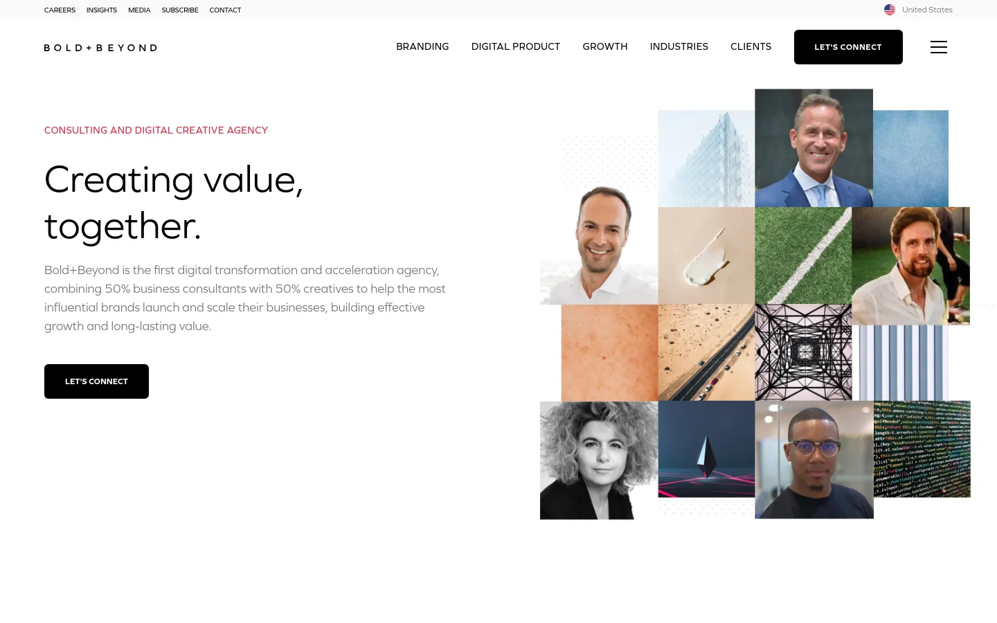 The desktop homepage features a clean, white background with a large hero section. On the left, a bold headline reads 'Creating value, together' above a brief agency description and a black 'Let's Connect' button; on the right, a colorful grid of various portrait photos and abstract textures is displayed. The top navigation bar includes links for Branding, Digital Product, Growth, Industries, and Clients, alongside a prominent 'Let's Connect' button.