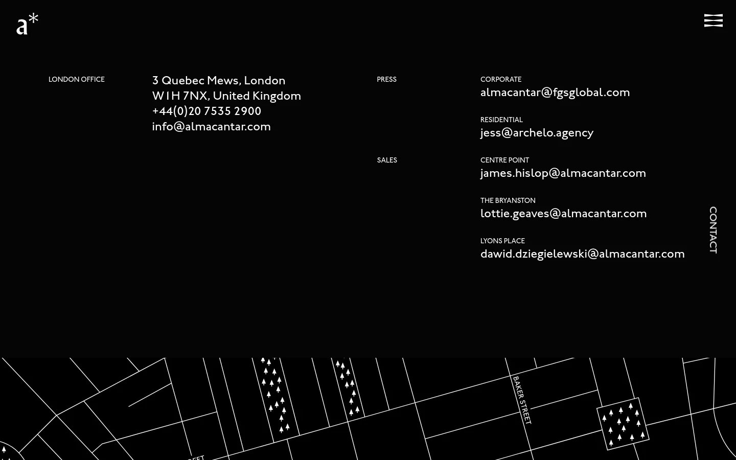 The desktop contact page features a minimalist dark theme with white text arranged in multiple columns against a black background. It lists the London office address, phone number, and email, followed by categorized contact columns for Press, Corporate, Residential, and specific Sales projects. A stylized white line map of London streets serves as a footer graphic.