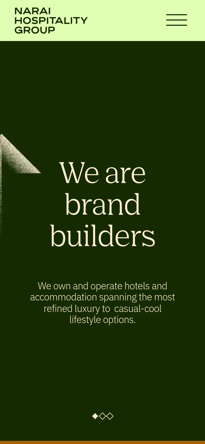 The mobile version shows a similar dark green hero section with the large white serif headline 'We are brand builders' centered vertically. The layout is more compact, featuring a light green header with a hamburger menu icon on the right and the company logo on the left.
