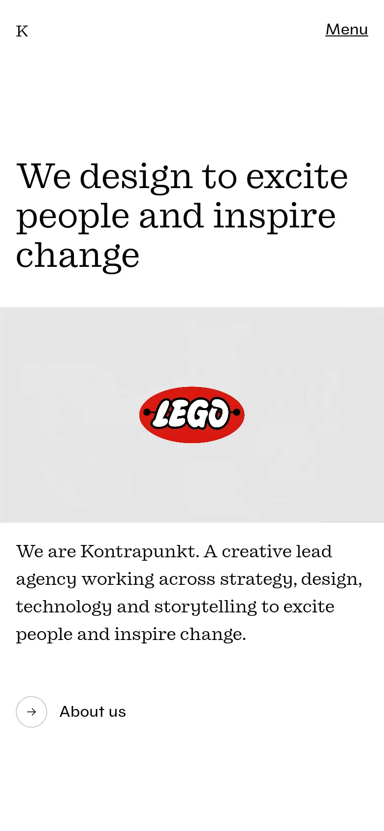 The mobile version presents a simplified layout with a centered logo and a 'Menu' button at the top. The large serif headline is followed by a gray section containing the LEGO logo, and the introductory text and 'About us' link are stacked vertically below it.