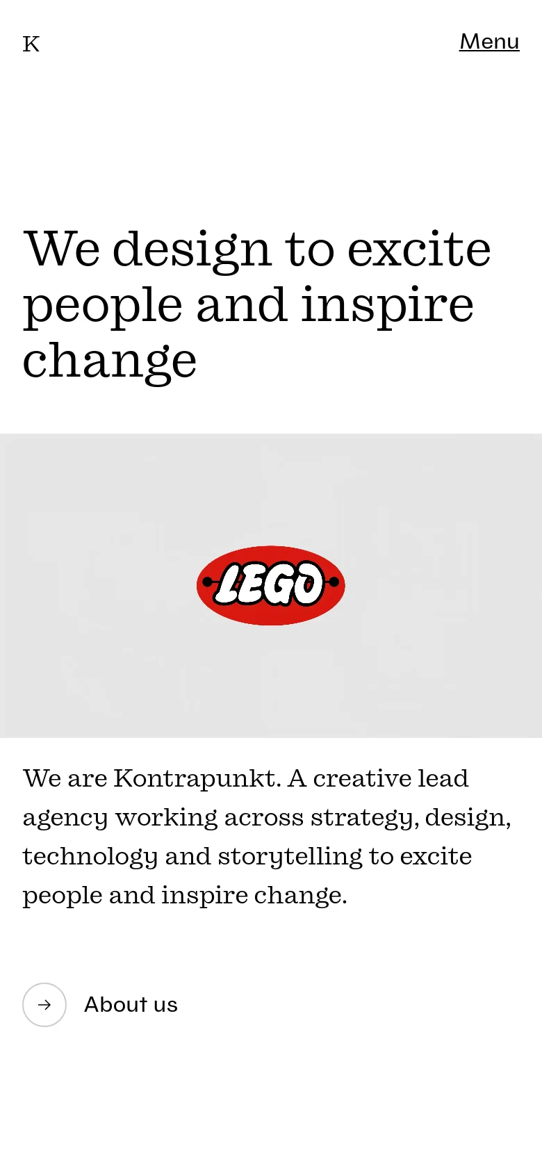 The mobile version presents a simplified layout with a centered logo and a 'Menu' button at the top. The large serif headline is followed by a gray section containing the LEGO logo, and the introductory text and 'About us' link are stacked vertically below it.