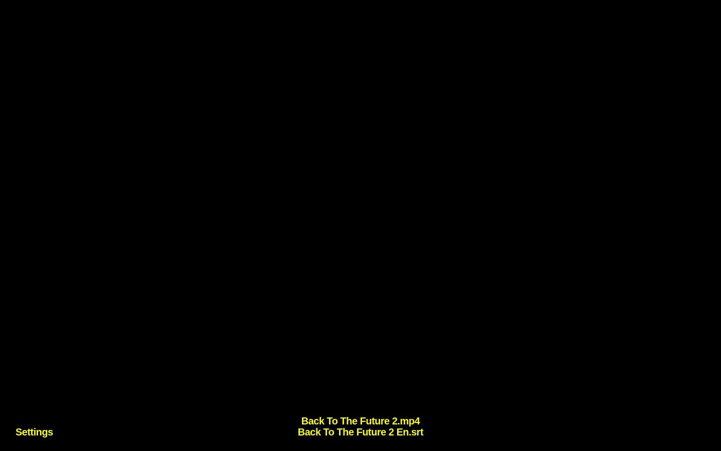 A minimalist webpage with a solid black background and yellow text. The page displays a long transcript of dialogue from 'Back to the Future Part II' interspersed with horizontal bar separators. At the bottom, there are links for 'Settings', 'Back To The Future 2.mp4', and 'Back To The Future 2 En.srt'.