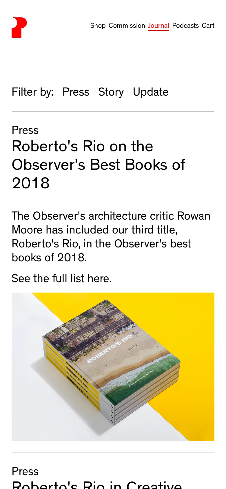 The mobile version maintains the minimalist aesthetic but uses a simplified vertical stack. The navigation menu is condensed, and the 'Filter by' options for Press, Story, and Update are prominently displayed at the top. Content blocks consist of a category label, a bold headline, a short paragraph, and a full-width image that spans the screen width.