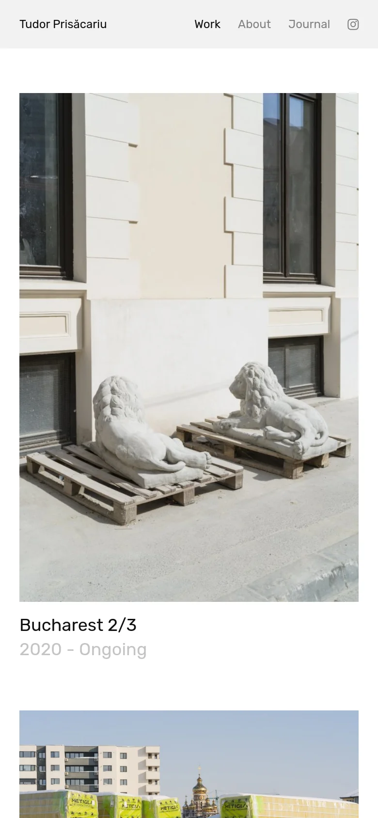 The mobile version maintains the minimalist aesthetic but transitions to a single-column vertical scroll. The navigation menu is simplified, and the project entries appear as large, full-width images stacked vertically with their respective titles and dates underneath.
