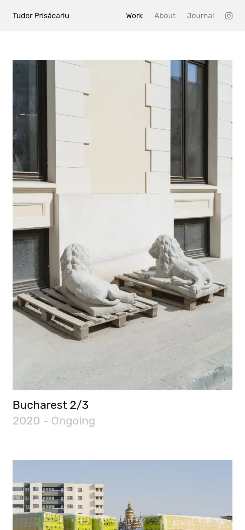 The mobile version maintains the minimalist aesthetic but transitions to a single-column vertical scroll. The navigation menu is simplified, and the project entries appear as large, full-width images stacked vertically with their respective titles and dates underneath.