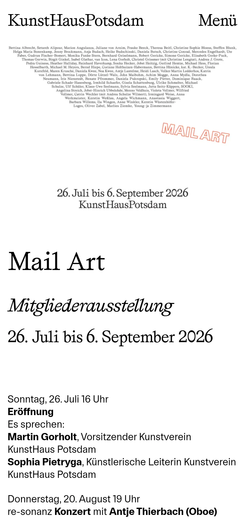 The mobile version presents a vertically stacked layout optimized for small screens. The colorful mail art hero image appears at the top, followed by the 'Mail Art' title and event dates. The text content, including the exhibition program and artist list, is reflowed into a single narrow column for easy scrolling.
