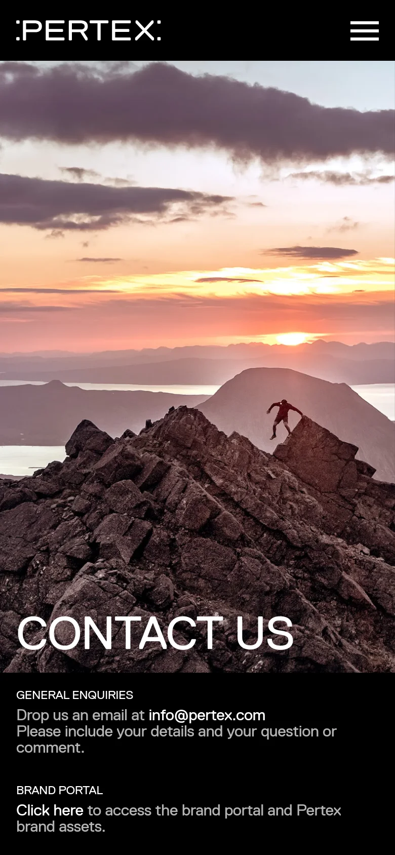 The mobile version presents a vertically oriented hero image of a mountain landscape at sunset with a climber, followed by the 'CONTACT US' headline. The layout is simplified into a single column, stacking the general enquiries and brand portal information directly beneath the image.