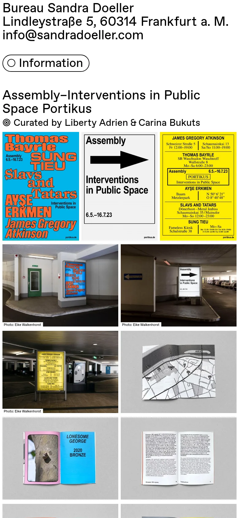 The mobile version maintains the minimalist white and black aesthetic but uses a single-column vertical layout. The text and navigation buttons are stacked, and the project image grid transitions from multiple columns to a single column for easier scrolling.