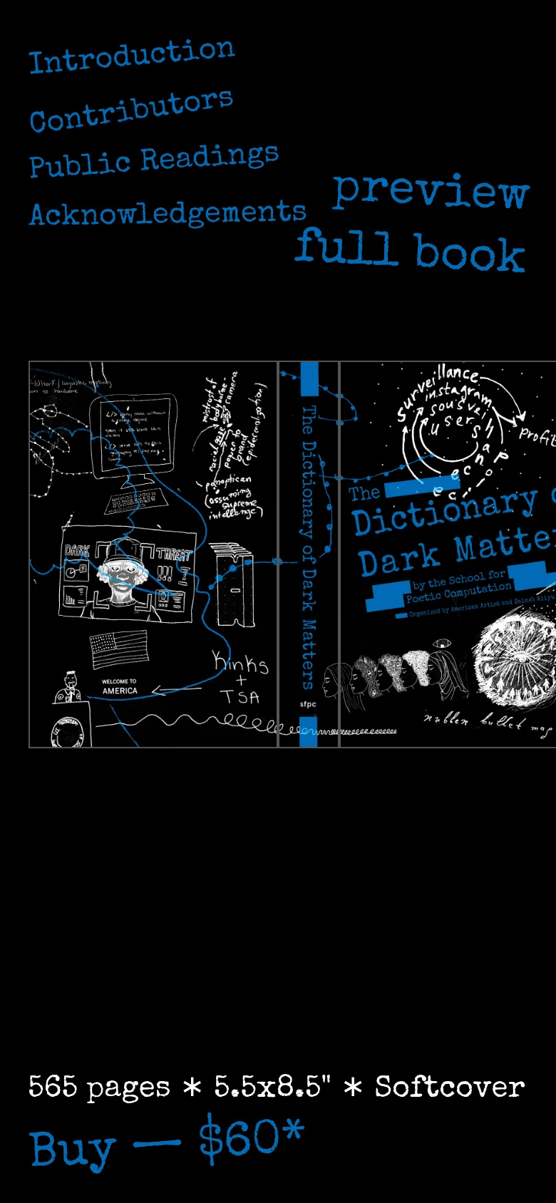 Mobile version of the website with a vertical layout. The blue navigation links are stacked at the top, followed by a large image of the book cover, and the purchase information and 'Buy — $60*' link are positioned at the bottom against a black background.
