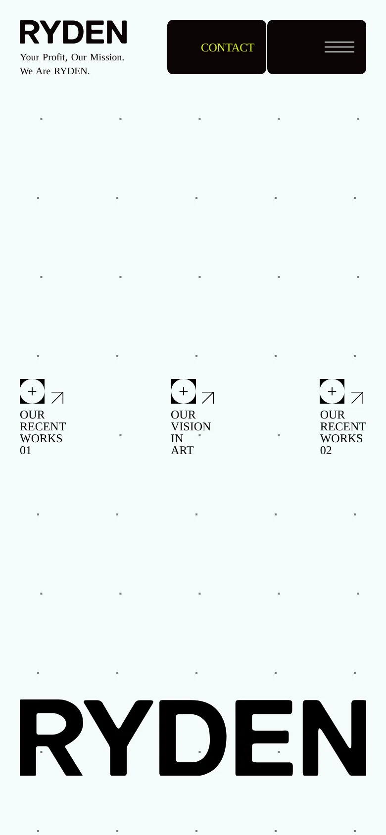The mobile version maintains the minimalist white and black aesthetic but uses a vertical layout. The large 'RYDEN' branding is prominent, and the navigation links are stacked vertically below the header. The 'CONTACT' button and hamburger menu are positioned at the top for easy access.