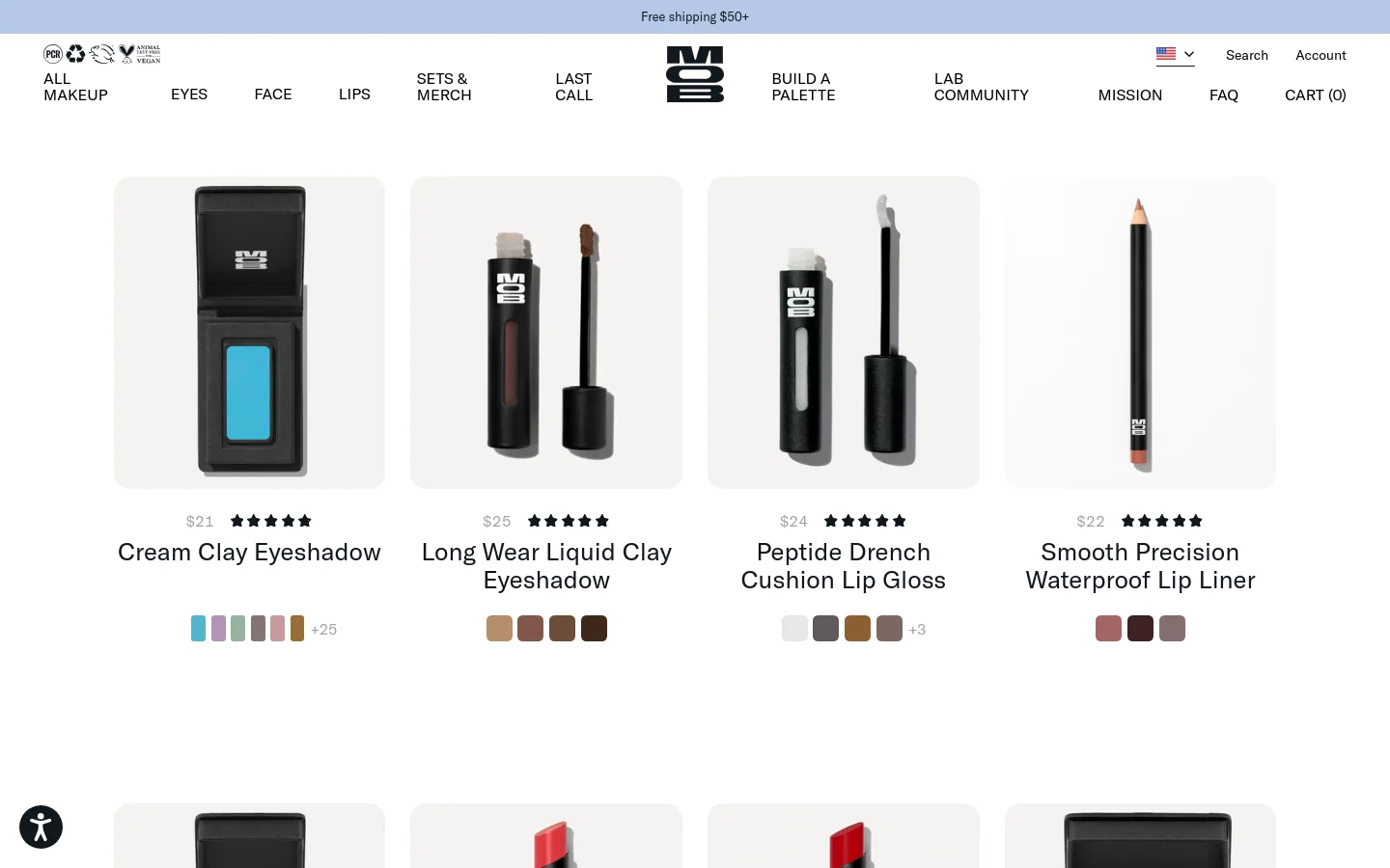 The desktop version of the All Makeup collection page features a clean, minimalist layout with a white background and black text. A navigation bar at the top includes links for Eyes, Face, Lips, and other categories, alongside the MOB Beauty logo. Below, a grid of makeup products is displayed, each showing a high-quality product image, price, star rating, product name, color swatches, and a 'Quick Shop' button.