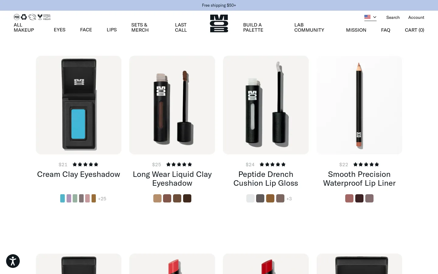 The desktop version of the All Makeup collection page features a clean, minimalist layout with a white background and black text. A navigation bar at the top includes links for Eyes, Face, Lips, and other categories, alongside the MOB Beauty logo. Below, a grid of makeup products is displayed, each showing a high-quality product image, price, star rating, product name, color swatches, and a 'Quick Shop' button.