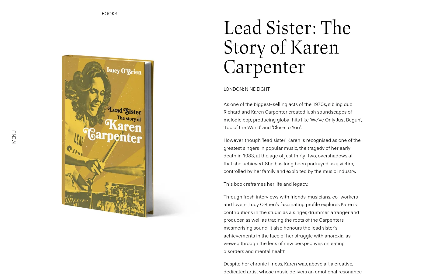 The desktop page features a clean, minimalist layout with a white background and black serif typography. On the left, a large 3D book cover for 'Lead Sister: The Story of Karen Carpenter' is displayed, while the right side contains the book title, publisher, and a detailed description. A vertical 'MENU' label is positioned on the far left edge.