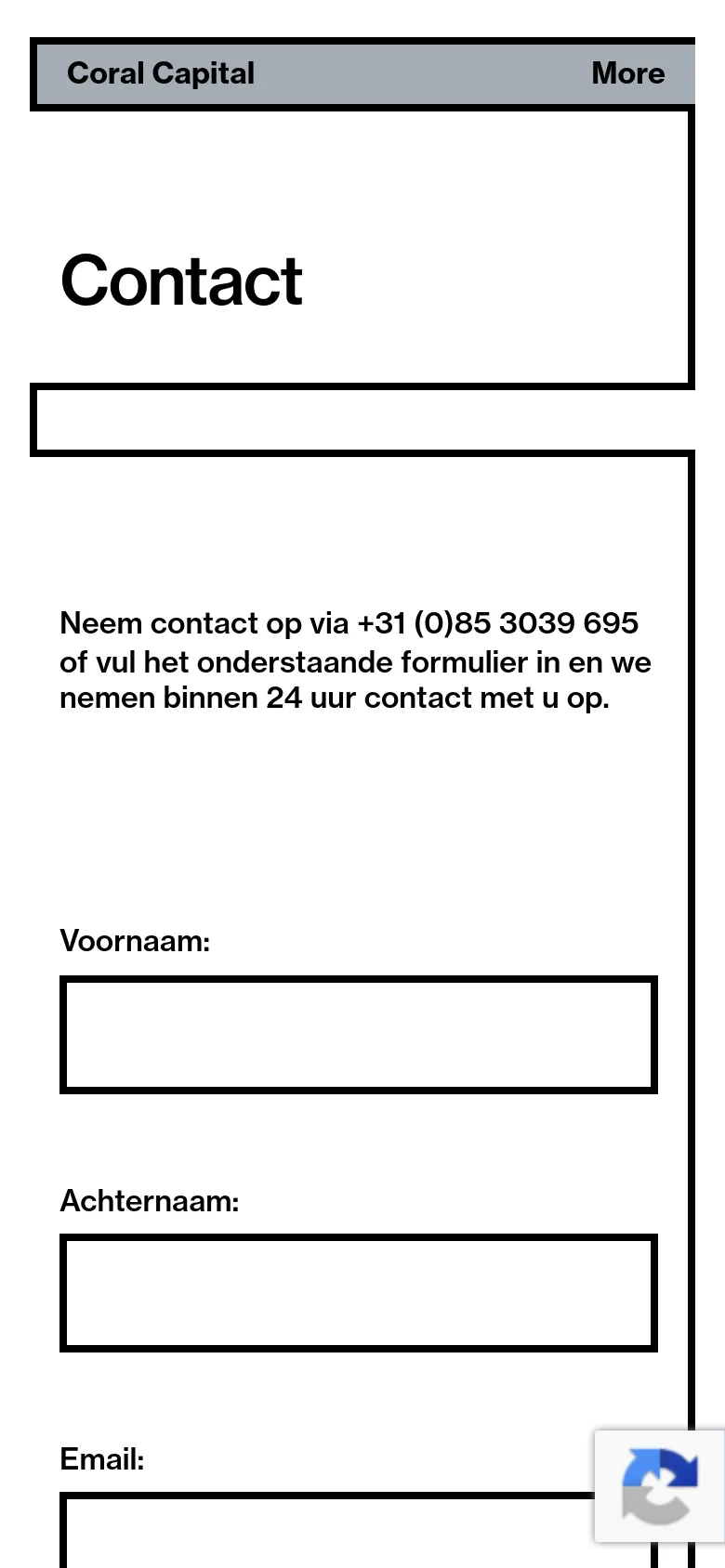 The mobile version presents a vertically stacked layout optimized for smaller screens. The 'Contact' headline and introductory text appear at the top, followed by a single-column contact form where input fields like First Name, Last Name, and Email are arranged one after another. The header is condensed, showing only the logo and a 'More' menu option.