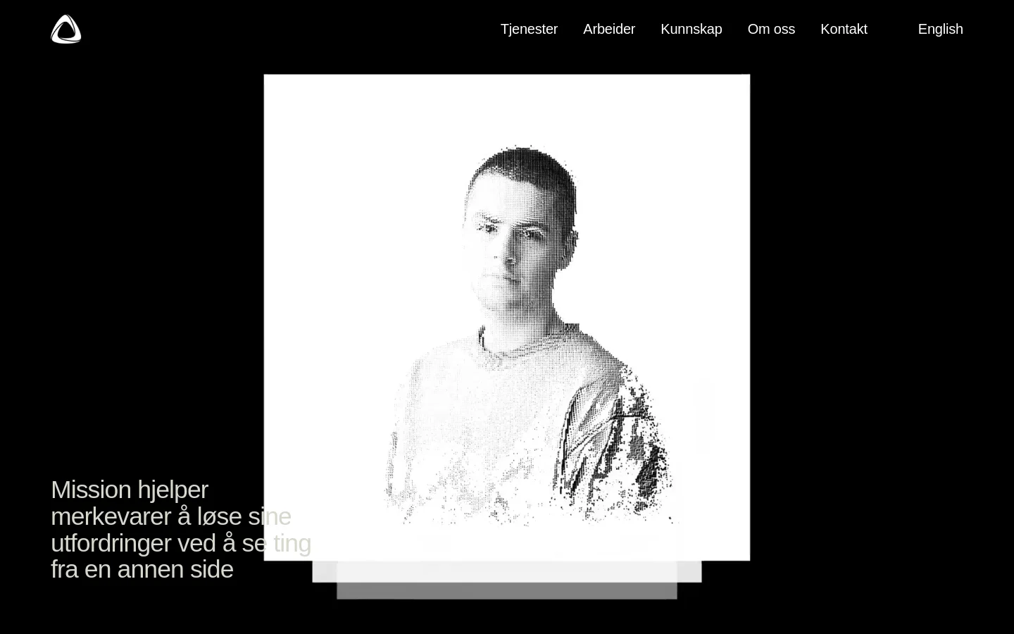 The desktop homepage features a minimalist black background with white text and a large, high-contrast halftone portrait of a man as the hero image. A navigation menu at the top includes links for Services, Work, Knowledge, About Us, Contact, and English. Below the hero section, a grid of project showcases displays various brand identity works with large imagery and descriptive headlines.