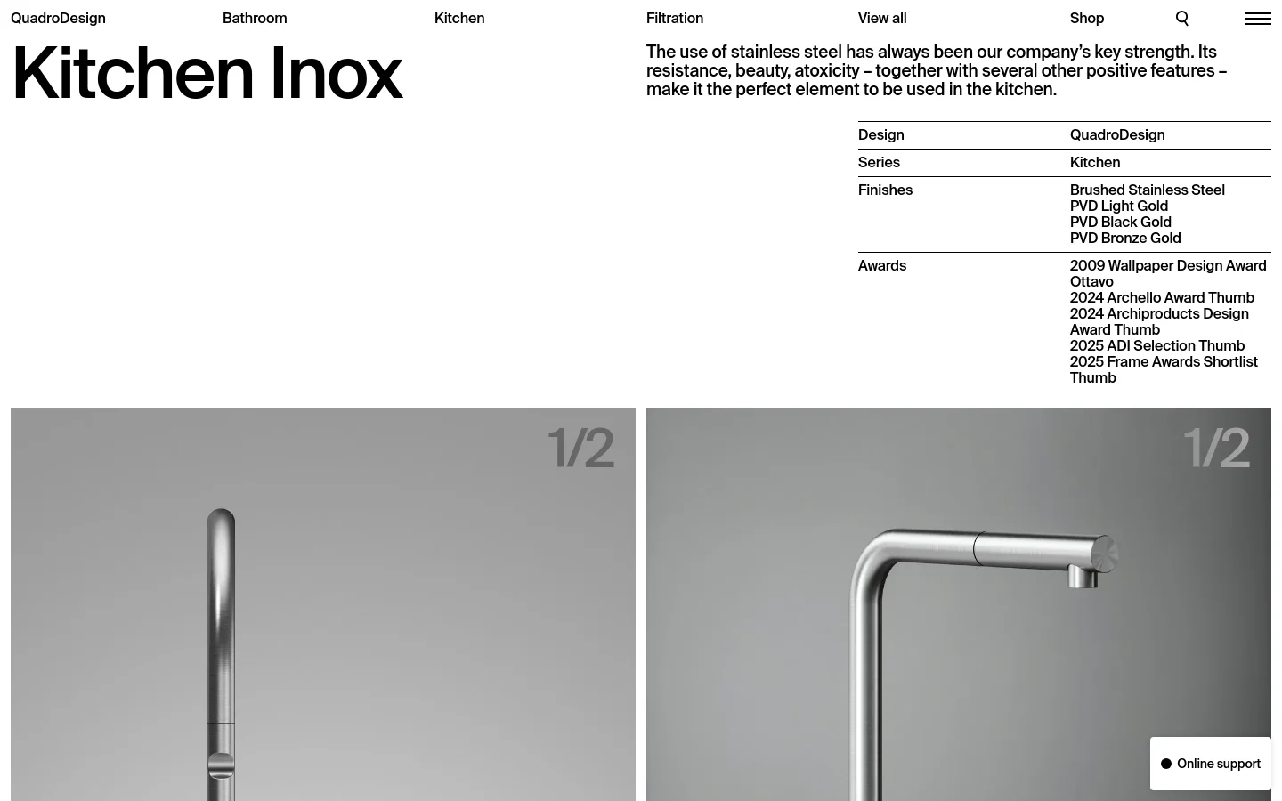 The desktop page for Kitchen Inox features a minimalist white layout with large bold typography. A large headline on the left is balanced by a text block on the right detailing design, series, finishes, and awards, while a large image gallery of stainless steel faucets occupies the bottom half. The navigation menu is positioned at the top with links for Bathroom, Kitchen, Filtration, View all, and Shop.