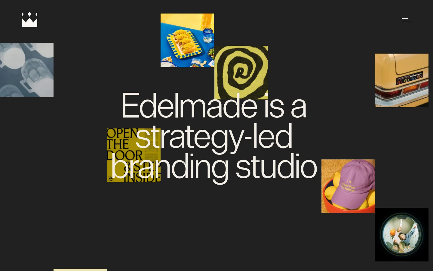The desktop homepage features a dark gray background with a large white headline reading 'Edelmade is a strategy-led branding studio' centered in the frame. A collage of colorful, high-contrast lifestyle and graphic images is scattered around the text, including food, textures, and objects. A minimalist white logo is in the top left and a hamburger menu icon is in the top right.