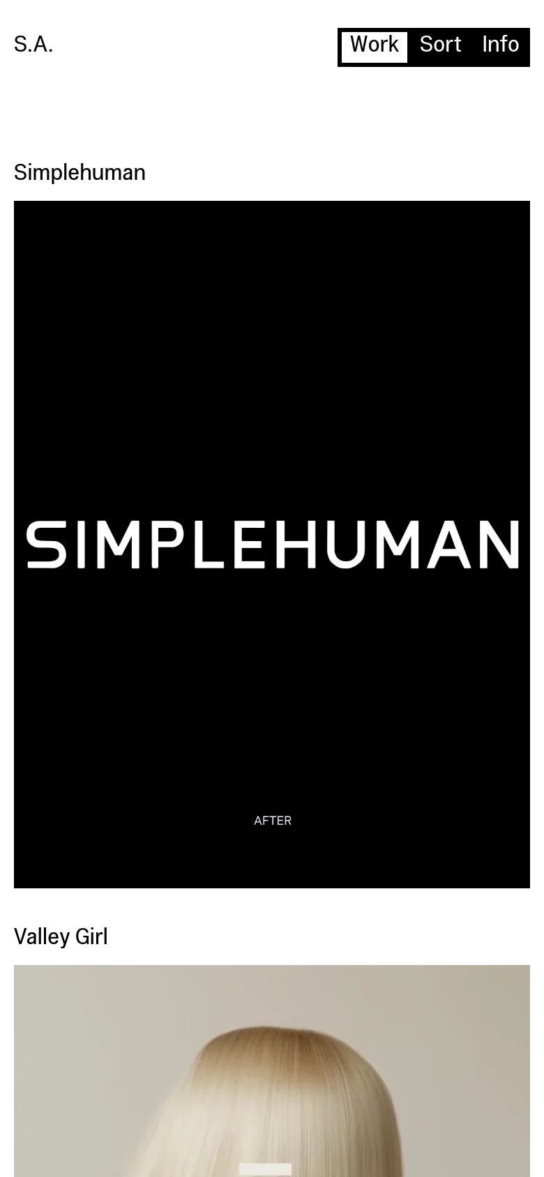 The mobile version maintains the minimalist aesthetic with a white background and black text. The header displays 'S.A.' alongside 'Work', 'Sort', and 'Info' buttons, while the project grid shifts to a single-column vertical layout, showing large, full-width images for projects like 'Simplehuman'.