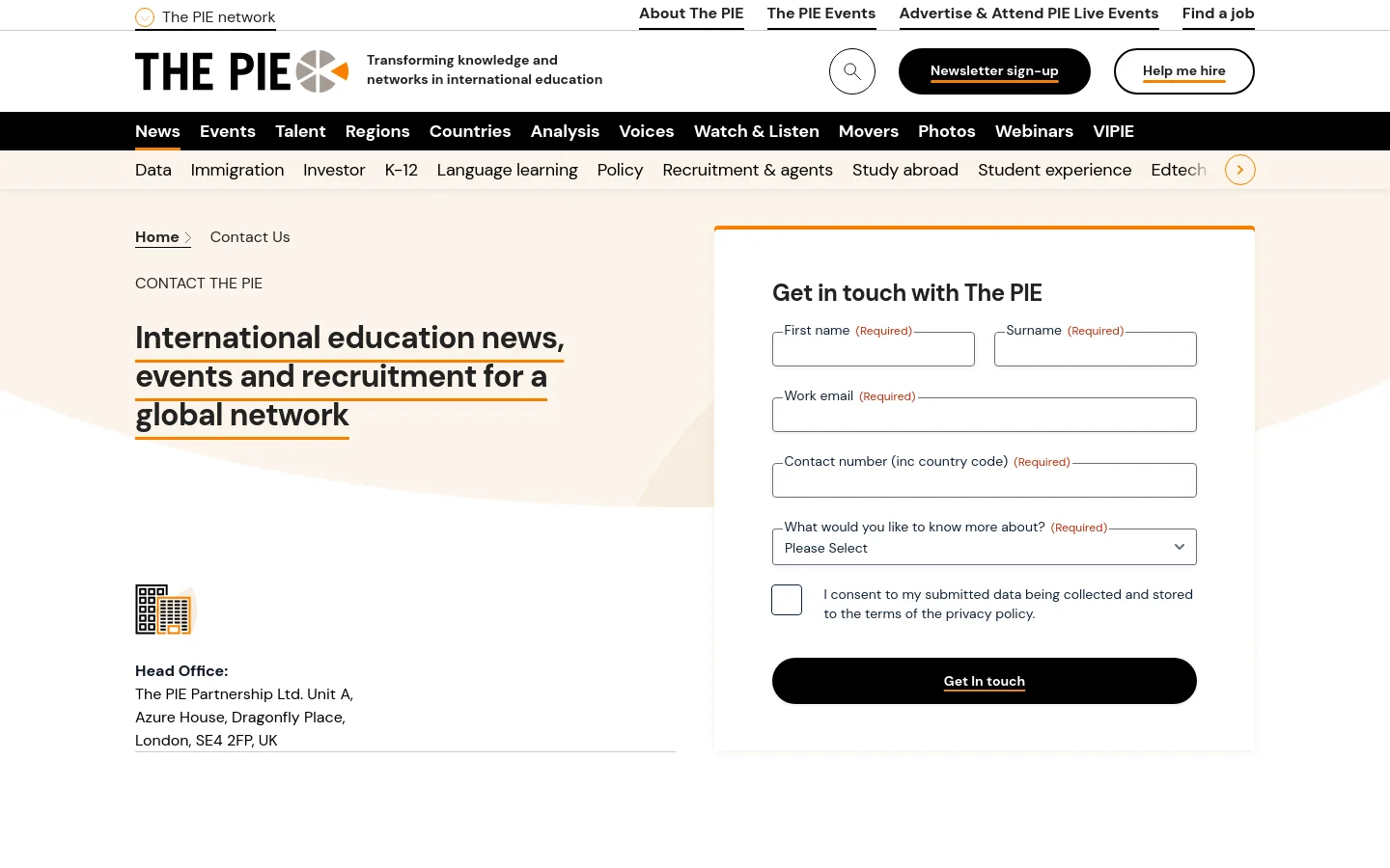 The desktop page features a clean white and light grey layout with a large headline about international education news. On the right, a prominent white contact form contains fields for name, email, phone, and inquiry type, set against a light background. The left side displays the head office address and a small building icon.